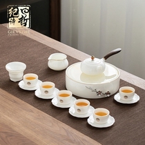 Ji Shizhe sheep fat jade white porcelain Kung Fu tea set Home office high-end tea cup set tea tray Chinese light luxury