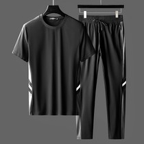 Summer high-end mens elastic quick-drying silky glued short-sleeved suit two-piece ice silk leisure sports suit