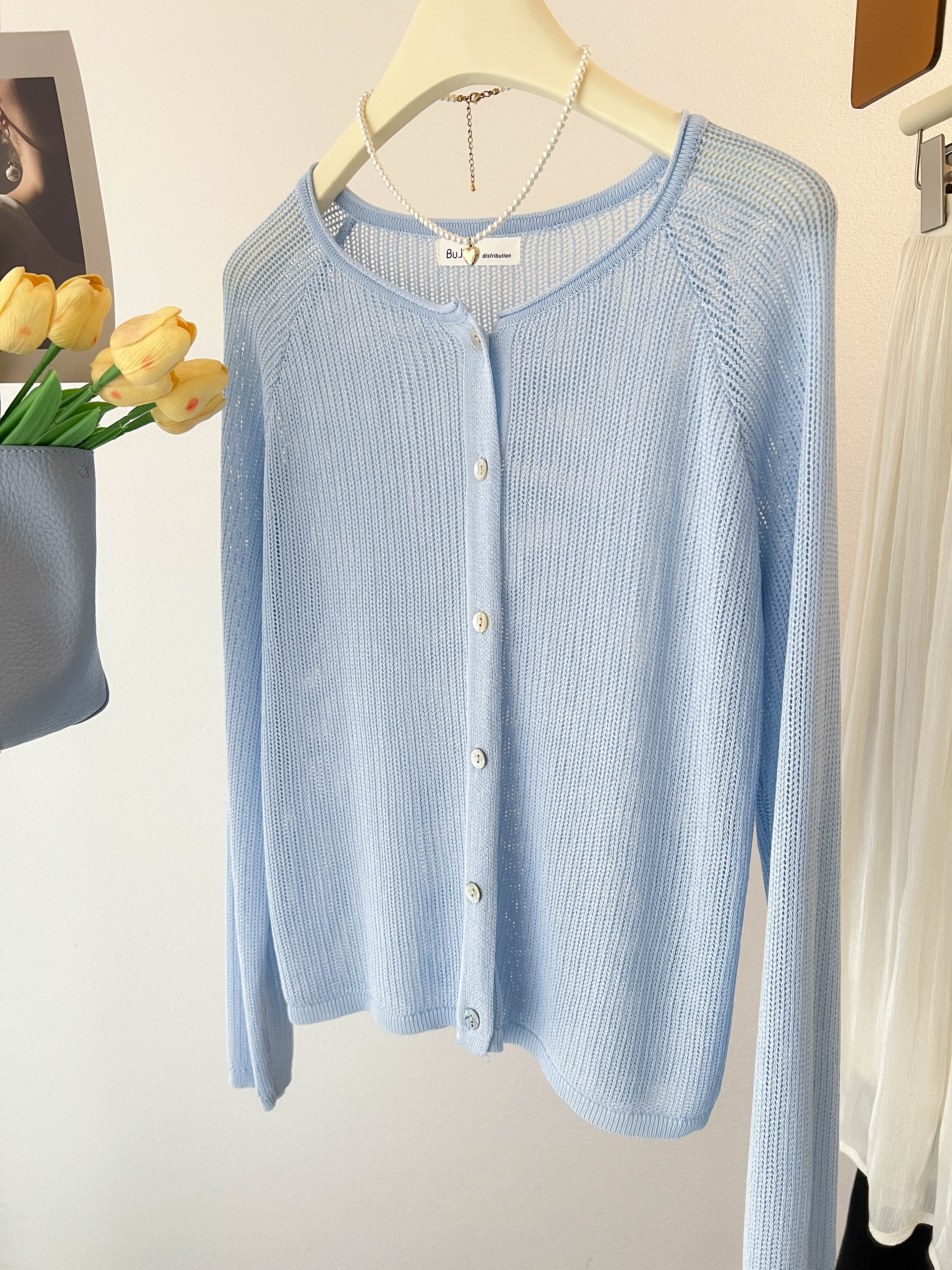 温柔风蓝色冰丝镂空针织防晒开衫女夏季外搭薄款空调罩衫微透上衣