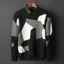 Tide brand fake two shirt collar sweater mens long sleeve loose Korean version of New plus velvet autumn and winter bottoming knitwear