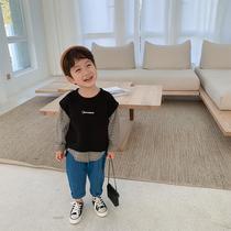 Boys sweatshirt baby spring clothing fake two 2021 new children Ocean Gas children hit undershirt Korean version of plaid blouse