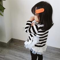 Girl Spring Clothing Pure Cotton Striped Baby Long Sleeve Cash children Undershirt Han Version Mesh Yarn Splicing Blouse Plus Suede Tshirt