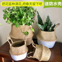 Nordic seagrass woven flower basket grass flower pot hand-woven basket living room extra large green plant flower basket decoration