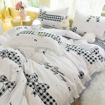 Grid butterfly knot ins and white color bed four pieces of princess wind quilt cover three sets 1 5m1 8 m sheet