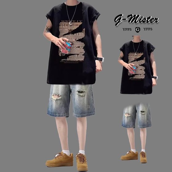 Summer casual suits trendy cotton vest men's thin sleeveless vest T-shirt wearing denim shorts set
Summer casual suits trendy cotton vest men's thin sleeveless vest T-shirt wearing denim shorts set