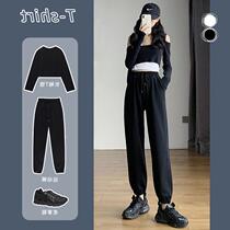 Black leg sports pants womens autumn and winter loose slim pants Sports Leisure age reduction thick plus velvet trousers Tide brand