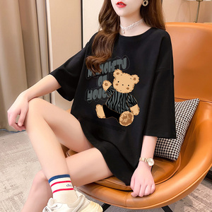 璩绒新款夏纯棉趣味小熊图案印花套头短袖T恤女韩版宽松大码女装