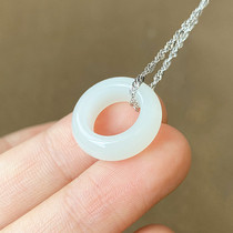 Hetian jade ring pendant suet White Jade womens white jade ring safety ring 925 silver collarbone pendant necklace