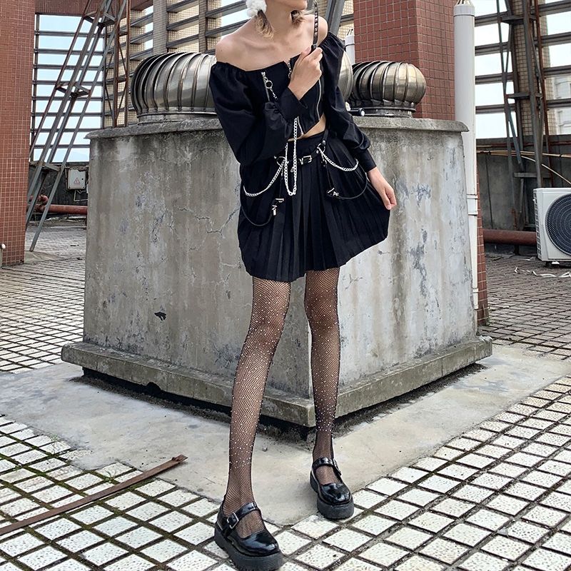 ideamini亮钻渔网袜女jk性感夜店袜女蹦迪黑红ins带