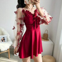 2022 New Women's Swimming Long Sleeve Sexy Siamese Conservative Steel Bracket Gathers Flat Corner Korean Hot Spring Holiday Bikini