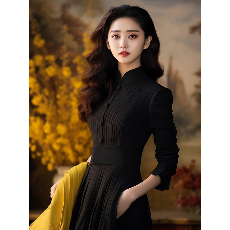 New Chinese rich family Thousand gold Jedi Bottom-length Skirt Gas Field Strong High-end Delicate Black Knit Dress Dress Lady Autumn-Taobao