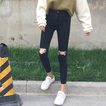 Black jeans female Korean Spring Summer new 2020 new high waist small foot pencil slim hole womens pants tide