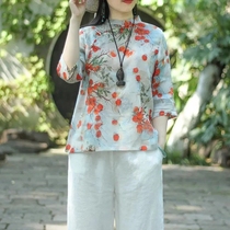 2021 Summer imitation cotton linen Chinese wind disc buckle printing upright collar large code loose national wind female blouse retro shirt