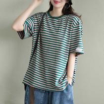 200 Jin Plus Size Womens Striped Short Sleeve T-Shirt Blouse 2021 Summer New Loose Joker Casual base shirt