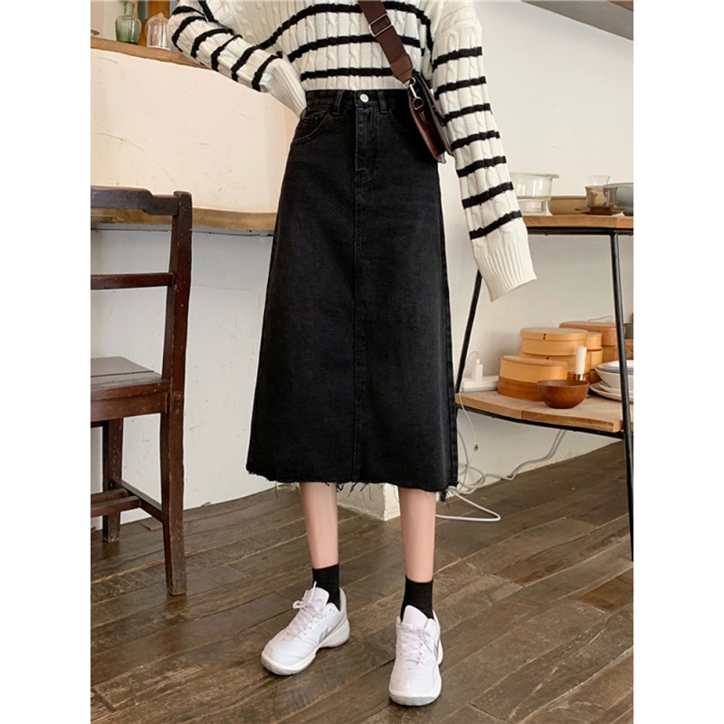 The small shop of the Yanling plume is large size high waist 100 hitch cowboy fall medium long version black A character half body dress