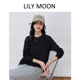 lilymoon全棉磨毛白色宽松打底上衣长袖休闲小圆领全棉T恤