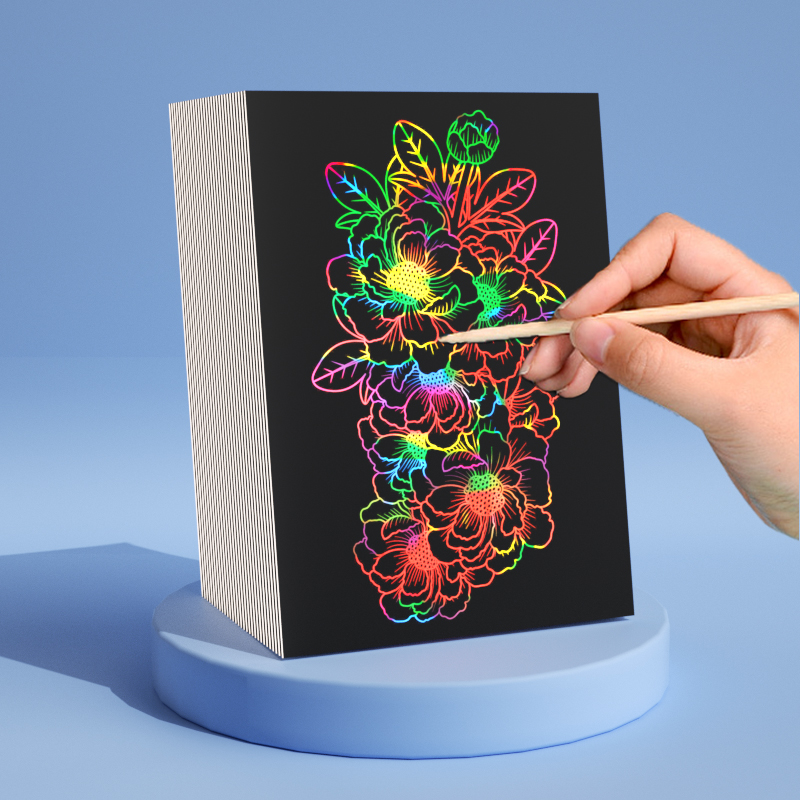 签到儿童刮画纸10张4个模版竹笔