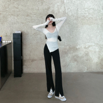 Yan Lingyus small shop black split pants female spring size fat sister mm design sense niche street pants Jingfo