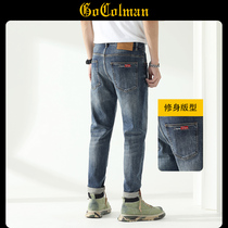 GoColman Summer slim fit jeans Mens slim fit small straight drum Tide Cards Embroidered 100 Casual Retro Long Pants