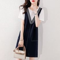 Medium length Fake Two Superior Sensational Dress Womens Law Style Small Crowdloose T-Shirt Splicing Braces Denim Dress 2022