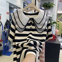 Doll Collar Striped Straight Drum Dress Woman Summer Dress 2022 New Casual Mid-Knee Short Sleeve T-shirt Skirt