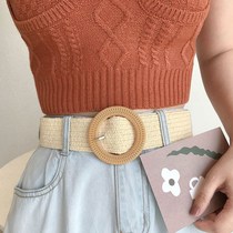 Straw belt belt womens clothing dress Korean version of the new retro braided round needle buckle wild personality fashion