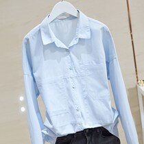 Hong Kong blue double pocket pure cotton shirt woman 2022 spring new art and art casual shirt thin blouses blouses