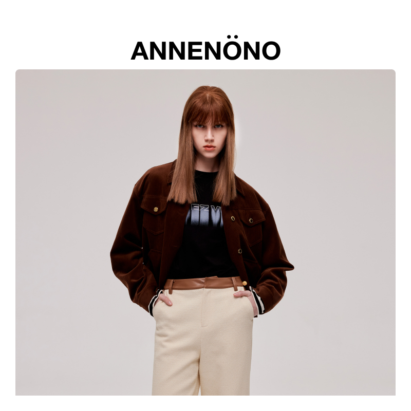 ANNENONO2023秋冬新品假两件条纹印花T恤
