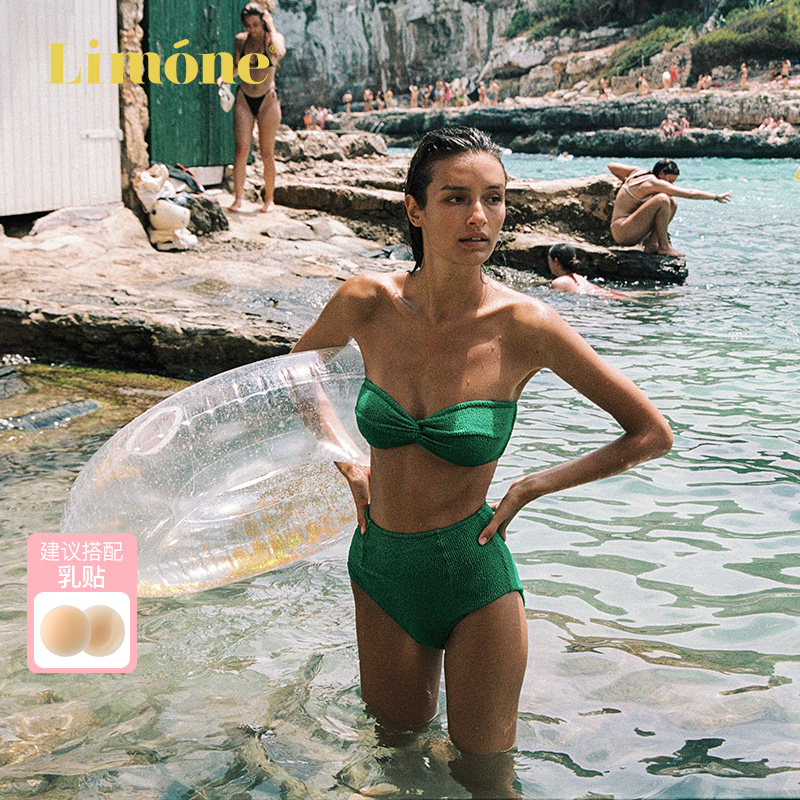 Limone2024 new folds Newknot obliterated chest of high waist split swimsuit woman sensation slim beach bikini-Taobao