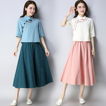 Spring and summer national style womens clothing retro Chinese style stand-up collar buckle embroidered cotton and linen top skirt casual suit