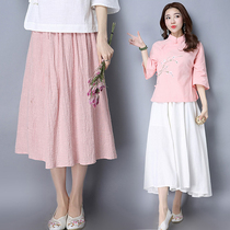 2021 spring and summer new national style literature and art solid color pocket thin mid-length double-layer cotton and linen skirt female skirt