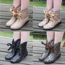 Back Force New Fashion Short Drum Women Rain Shoes Korea Rain Boots Bow Tie Lace Water Boots Add Cotton Suede Snowy Boots Cover