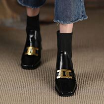 Title Buckle Short Boot Genuine Soft Leather Square Head Knit Elastic Boots Woman Fall New Middle Heel Fashion Short Boot Painted Leather Coarse Heel