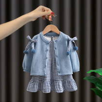 Girl Suit 2022 Spring Autumn New Ocean Gas Mesh Red Knit Cardiovert Plaid One-piece Dress Child Baby Two Sets