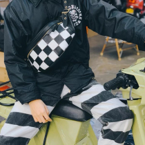 Retro Motorcycle Genuine Leather Locomotive Chest Bag Chessboard Grid Black & White Lattice Dumplings Stuffed Cow Leather HareHEYGO Black Dog