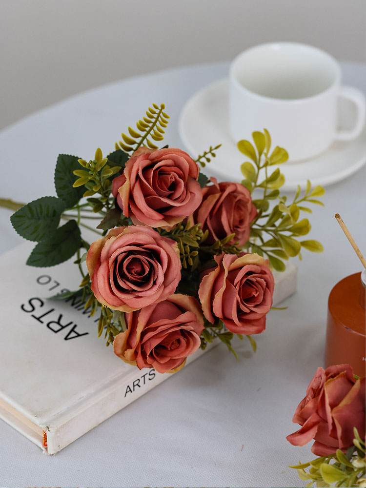 High Quality Artificial Flower Handle Bunch of Small Roses Living Room Fake Flower Decorative Decoration Dining Table Decoration Flower Photo Props Bouquet