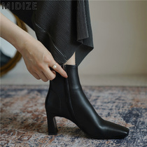 MIDIZE boots womens winter leather shoes 2022 new womens short boots French beige square toe thick heel skinny boots