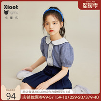 Kids Wooden Girls Blue White Checked Shirt Summer Suit Breathable White Ladies' Western Pleated Pants Skirt