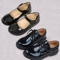 Kindergarten mens and womens shoes lace up bright black leather shoes dress children childrens pupils chorus shoes British