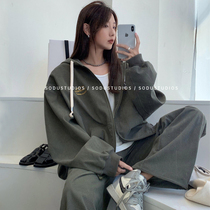 Even cap sweatshirt sports suit womens spring and autumn students loose and thin Korean version fashion nets red and leisure two sets of foreign air