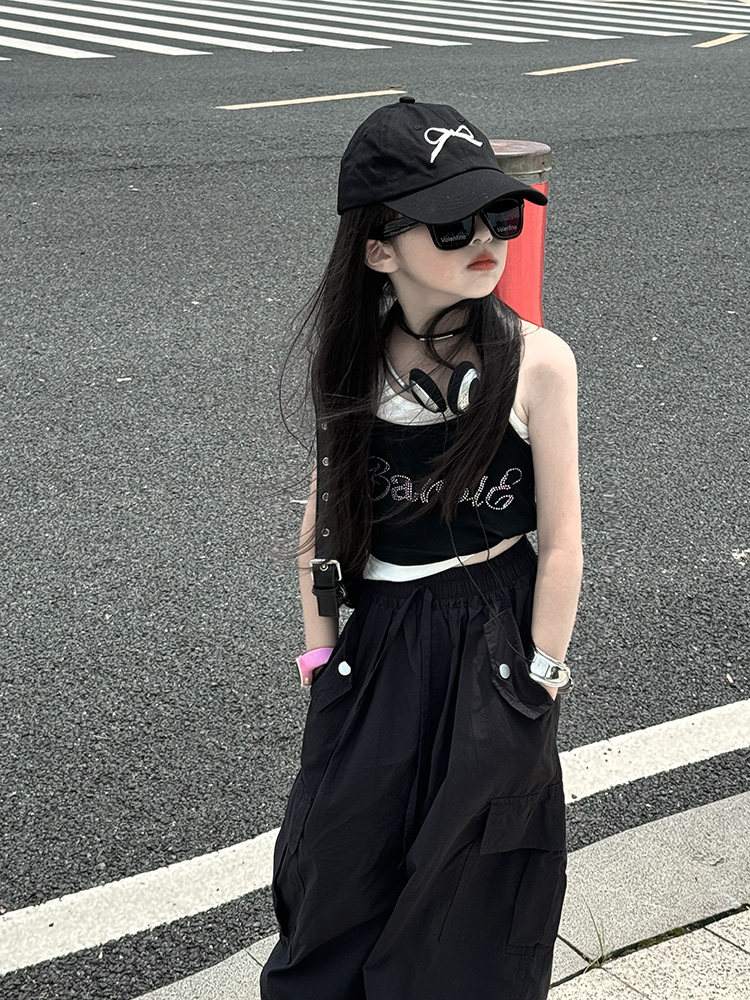 酷飒拽姐套装女童夏季2025新款儿童假两件背心工装裤子洋气时髦潮