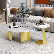 Light extravagant high-end sense living room round tea table combination small family type new modern minimalist rock plate tea table Nordic home