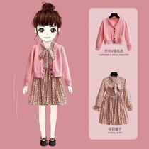 Childrens Clothes 2023 Spring New Kids Kids Kids Pink Knitted Sweater Cover Crush Flower Snow Dress Two Pieces