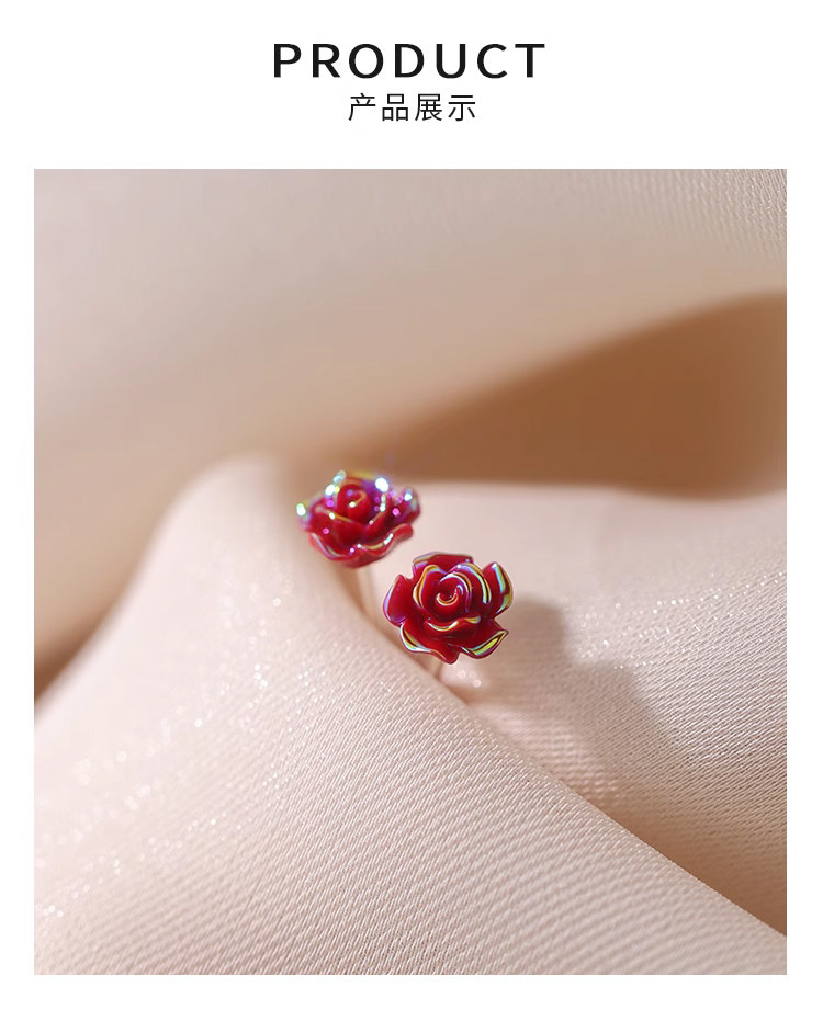 银饰耳饰 925纯银炫彩玫瑰花耳钉女设计感新年红色耳环养耳洞睡觉免摘耳饰 Other