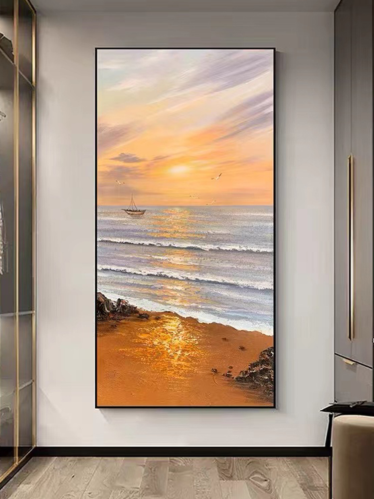 Pure Hand Drawing Oil Painting Original Sunrise Beach Living Room Vertical Decorative Painting Sofa Entrance Mural Abstract Minimalist Bedroom