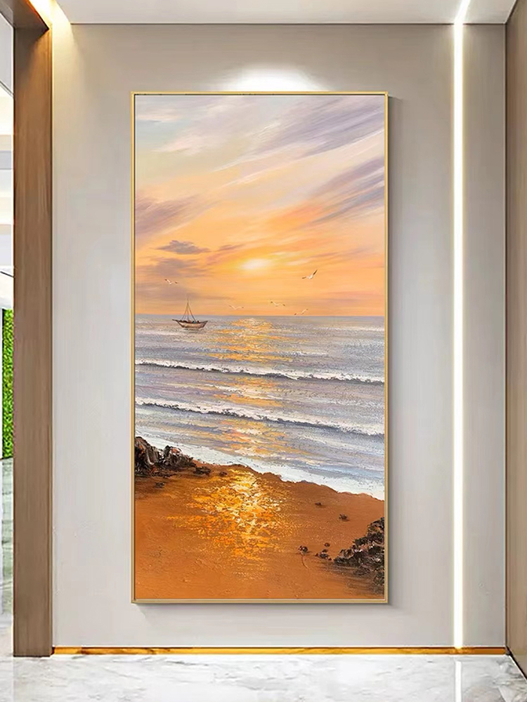 Pure Hand Drawing Oil Painting Original Sunrise Beach Living Room Vertical Decorative Painting Sofa Entrance Mural Abstract Minimalist Bedroom