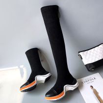 ins leather black sports elastic boots thick-soled boots female knee-thin legs Net red boots high boots