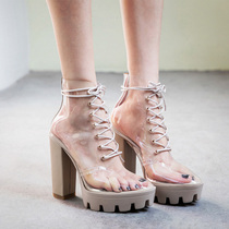 European and American transparent boots female summer waterproof platform super high-heeled short boots rough and Roman cool boots nightclub sequin strap sandals