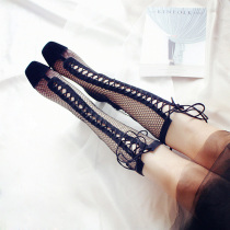 Net red leather hollow mesh boots female summer sexy long tube sandals thick heel high heel net boots Roman high tube cool boots