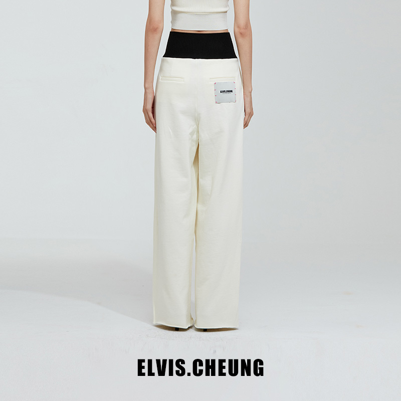 ELVIS.CHEUNG22秋冬新品高腰罗纹针织阔腿裤奶油白色显瘦神裤